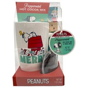 Snoopy Christmas Travel Mug w/ Lid & Cocoa Mix Woodstock Coffee Peanuts New